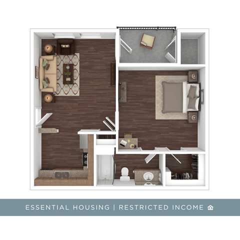 Floor plan for 1 bed, 1 bath, 597 sqft